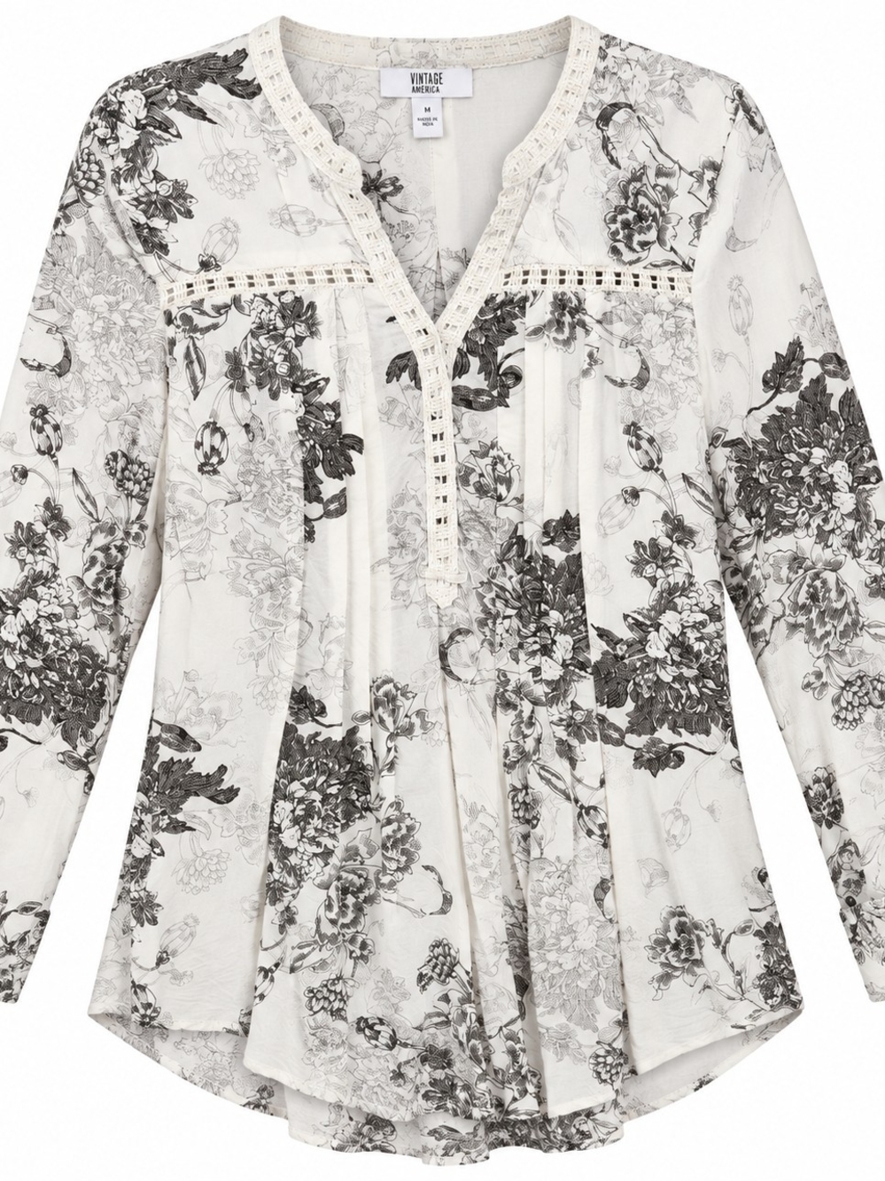 Vintage America Ivory and Brown Floral Lace-Trim Tunic